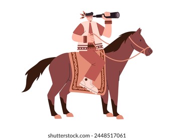 Native American tribe man looking with binocular and riding brown color horse animal recreation activity