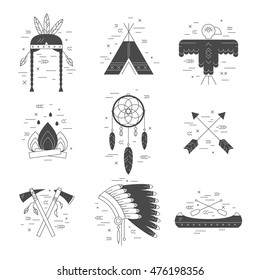 Native american vector elements concept black and white. Tribal line design. Indian symbol set isolated. Dreamcatcher arrow hut bonnet hatchet canoe eagle fireplace woman headdress