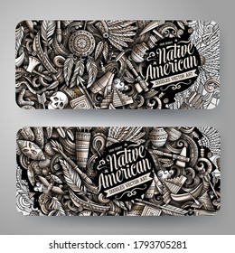 Native American vector hand drawn doodle banners design. Monochrome cartoon background. Ethnicity 2 flyers templates set.