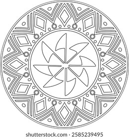 Native American vector round contour pattern. Geometric shapes in a circle. National ornament of the peoples of America, Maya, Aztecs, Incas. Template for stained glass
