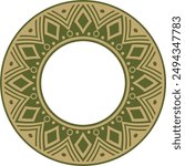 Native American vector round gold with green pattern. Geometric shapes in a circle. National ornament of the peoples of America, Maya, Aztecs, Incas.
