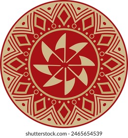 Native American vector round gold with red pattern. Geometric shapes in a circle. National ornament of the peoples of America, Maya, Aztecs, Incas.
