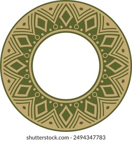 Native American vector round gold with green pattern. Geometric shapes in a circle. National ornament of the peoples of America, Maya, Aztecs, Incas.
