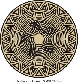 Native American vector round gold with black pattern. Geometric shapes in a circle. National ornament of the peoples of America, Maya, Aztecs, Incas
