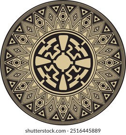 Native American vector round gold with black pattern. Geometric shapes in a circle. National ornament of the peoples of America, Maya, Aztecs, Incas
