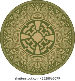 Native American vector round gold with green pattern. Geometric shapes in a circle. National ornament of the peoples of America, Maya, Aztecs, Incas.
