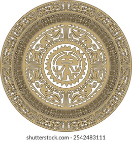 Vector americano nativo redondo de oro con patrón negro. Formas geométricas en un círculo. Ornamento nacional de los pueblos de América, mayas, aztecas, incas
