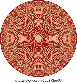 Native American vector round gold with red pattern. Geometric shapes in a circle. National ornament of the peoples of America, Maya, Aztecs, Incas.
