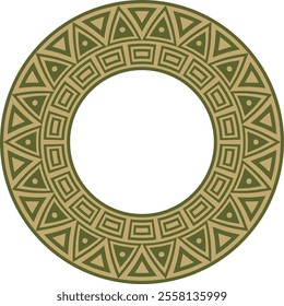 Native American vector round gold with green pattern. Geometric shapes in a circle. National ornament of the peoples of America, Maya, Aztecs, Incas.
