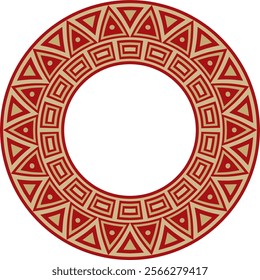 Native American vector round gold with red pattern. Geometric shapes in a circle. National ornament of the peoples of America, Maya, Aztecs, Incas.
