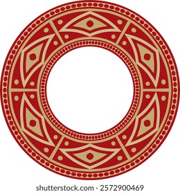 Native American vector round gold with red pattern. Geometric shapes in a circle. National ornament of the peoples of America, Maya, Aztecs, Incas.
