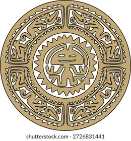 Vetor indígena americano redondo dourado com padrão preto. Formas geométricas em círculo. Ornamento nacional dos povos da América, Maia, Astecas, Incas
