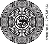 Native American vector round monochrome pattern. Geometric shapes in a circle. National ornament of the peoples of America, Maya, Aztecs, Incas.
