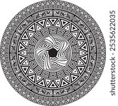 Native American vector round monochrome pattern. Geometric shapes in a circle. National ornament of the peoples of America, Maya, Aztecs, Incas.
