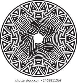 Native American vector round monochrome pattern. Geometric shapes in a circle. National ornament of the peoples of America, Maya, Aztecs, Incas.
