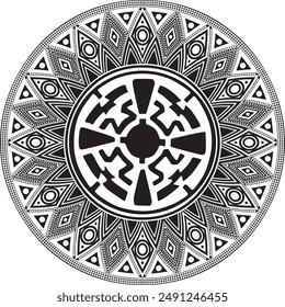 Native American vector round monochrome pattern. Geometric shapes in a circle. National ornament of the peoples of America, Maya, Aztecs, Incas.
