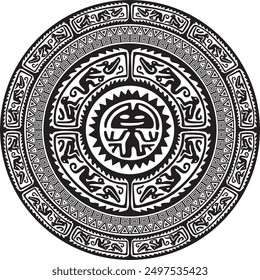 Native American vector round monochrome pattern. Geometric shapes in a circle. National ornament of the peoples of America, Maya, Aztecs, Incas.
