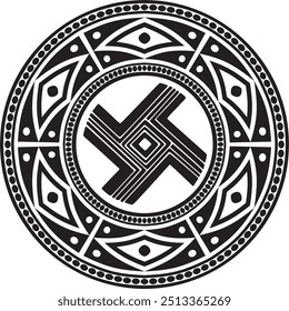 Native American vector round monochrome pattern. Geometric shapes in a circle. National ornament of the peoples of America, Maya, Aztecs, Incas.
