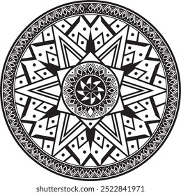 Native American vector round monochrome pattern. Geometric shapes in a circle. National ornament of the peoples of America, Maya, Aztecs, Incas.
