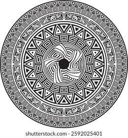 Native American vector round monochrome pattern. Geometric shapes in a circle. National ornament of the peoples of America, Maya, Aztecs, Incas.
