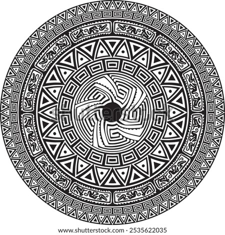 Native American vector round monochrome pattern. Geometric shapes in a circle. National ornament of the peoples of America, Maya, Aztecs, Incas.
