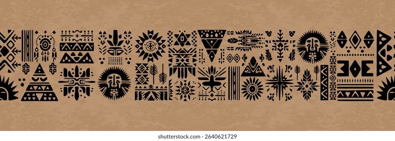 Native American vintage texture with ancient doodle symbols. Aztec Mexican and indian art border. Seamless ethnic tribal pattern.Tribal Drawing Geometric Navajo Abstract Wallpaper Art Print Textile.