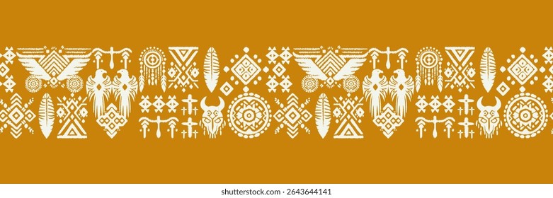 Native American vintage texture with ancient doodle symbols. Aztec Mexican and indian art border. Seamless ethnic tribal pattern.Tribal Drawing Geometric Navajo Abstract Wallpaper Art Print Textile.