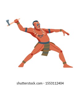 Native American warrior or brave leaping toward and attacking with a tomahawk. Vector cartoon clip art  illustration isolated of white background