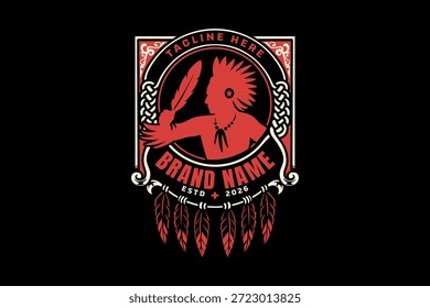 Native American warrior figure with frame retro illustration design for merchandise. Feather headdress portrait, Tribal ceremonial figure, Indigenous warrior, Traditional warrior vector illustration