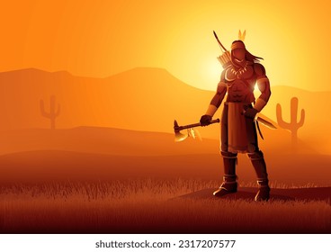 Native American warrior holding an axe and a knife on beautiful landscape, vector illustration