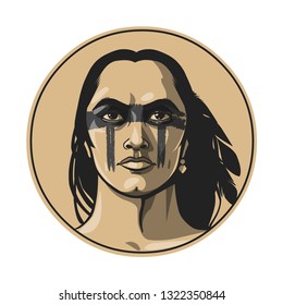 Native american warrior with long hair. Vector hand drawn illustration