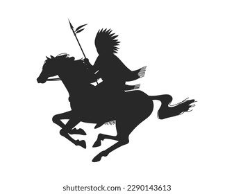 Native American warrior riding horse, black silhouette flat vector illustration isolated on white background. American Indian icon. Man riding on horseback with spear.