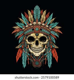 Native American warrior skull illustration. Used for apparel design, poster, etc