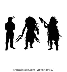 Native American warriors black silhouettes illustration on white background Vol 03