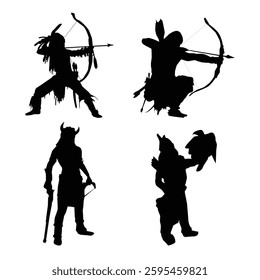 Native American warriors black silhouettes illustration on white background Vol 04