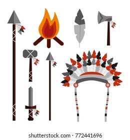 native american weapons tools icons set
