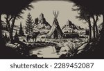 Native american western scene background. Can be used for graphic design. Wild west. Black and white. Graphic Art Vector Illustration. 