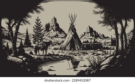 Native american western scene background. Can be used for graphic design. Wild west. Black and white. Graphic Art Vector Illustration. 