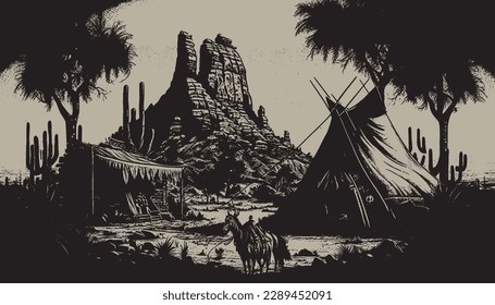 Native american western scene background. Can be used for graphic design. Wild west. Black and white. Graphic Art Vector Illustration. 