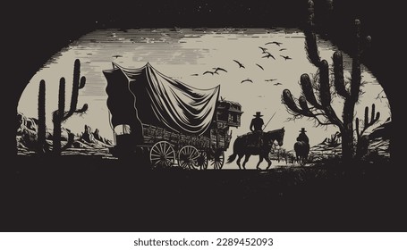 Native american western scene background. Can be used for graphic design. Wild west. Black and white. Graphic Art Vector Illustration. 