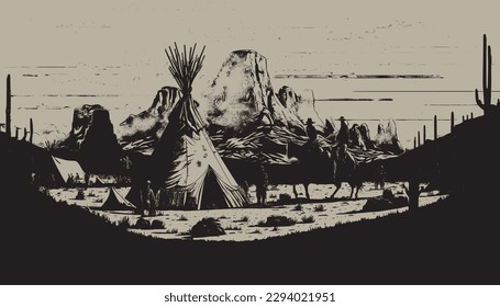 Native american western scene background. Can be used for graphic design. Wild west. Black and white. Graphic Art Vector Illustration. 