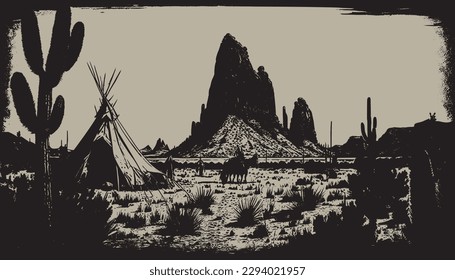 Native american western scene background. Can be used for graphic design. Wild west. Black and white. Graphic Art Vector Illustration. 