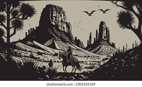 Native american western scene background. Can be used for graphic design. Wild west. Black and white. Graphic Art Vector Illustration. 