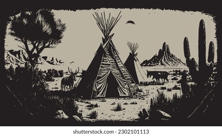 Native american western scene background. Can be used for graphic design. Wild west. Black and white. Graphic Art Vector Illustration. 