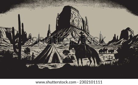 Native american western scene background. Can be used for graphic design. Wild west. Black and white. Graphic Art Vector Illustration. 