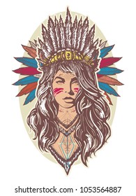 Native American woman color tattoo art and t-shirt design. Young woman in costume of american indian poster. Ethnic girl warrior 