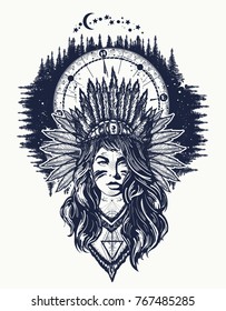 Native American woman and compass tattoo art. Ethnic girl warrior and night forest t-shirt design 