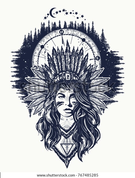 アメリカ先住民の女性とコンパスのタトゥーアート 民族少女戦士と夜間森のtシャツデザイン のベクター画像素材 ロイヤリティフリー