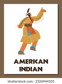 Mujer nativa americana bailando danza tradicional tribal. Auténticas ropas étnicas indias y pañuelos de cabeza con pluma. Afiche vectorial en estilo de caricatura de doodle en marco marrón sobre fondo blanco.