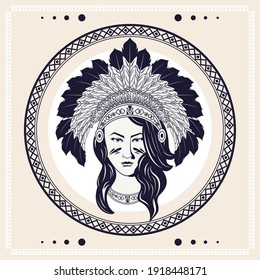 native american woman with feathers crown in circular frame tribal style vector illustration design